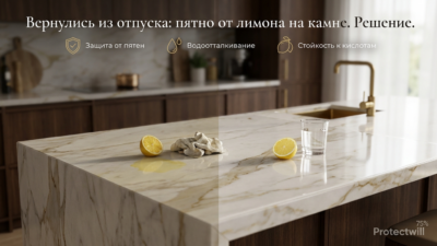 Приехал из отпуска — пятно от лимона на каменной столешнице, которое оставила домработница
