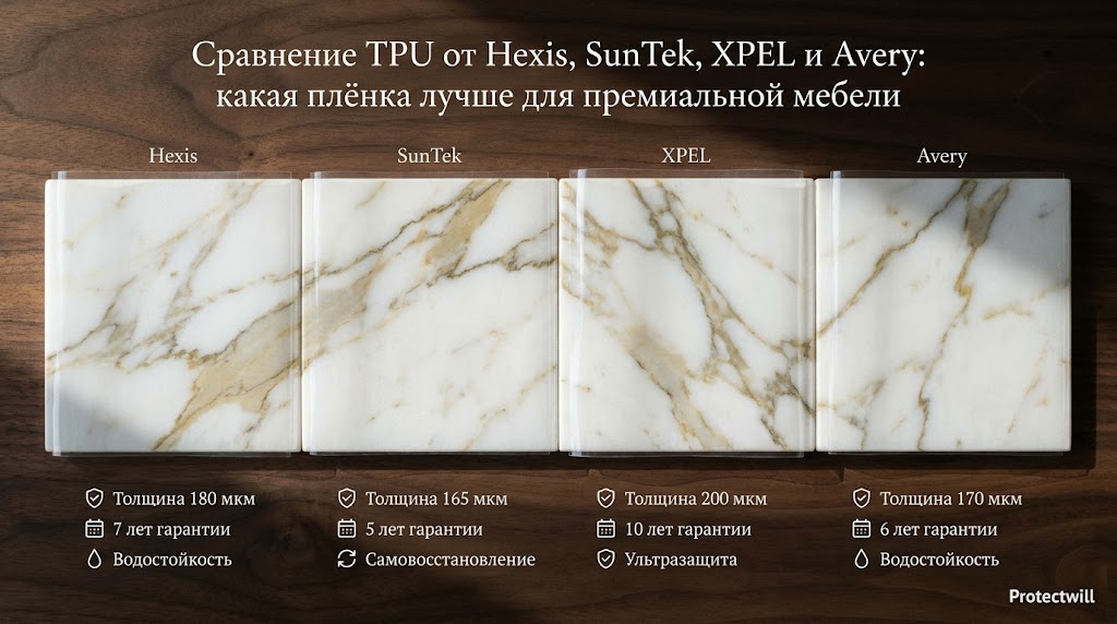 Сравнение TPU от Hexis, SunTek, XPEL и Avery: какая плёнка лучше для премиальной мебели